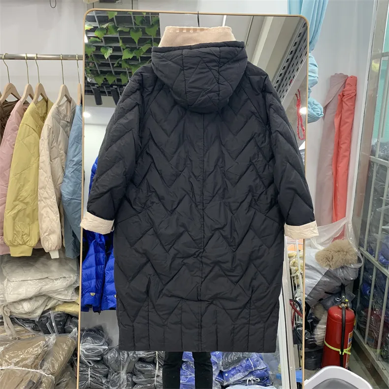 Autumn Winter Warm Knitted Patchwork Hooded Coat Women Thicken White Duck Down Jacket Parka Female Bigsize Long Puffer Outwears