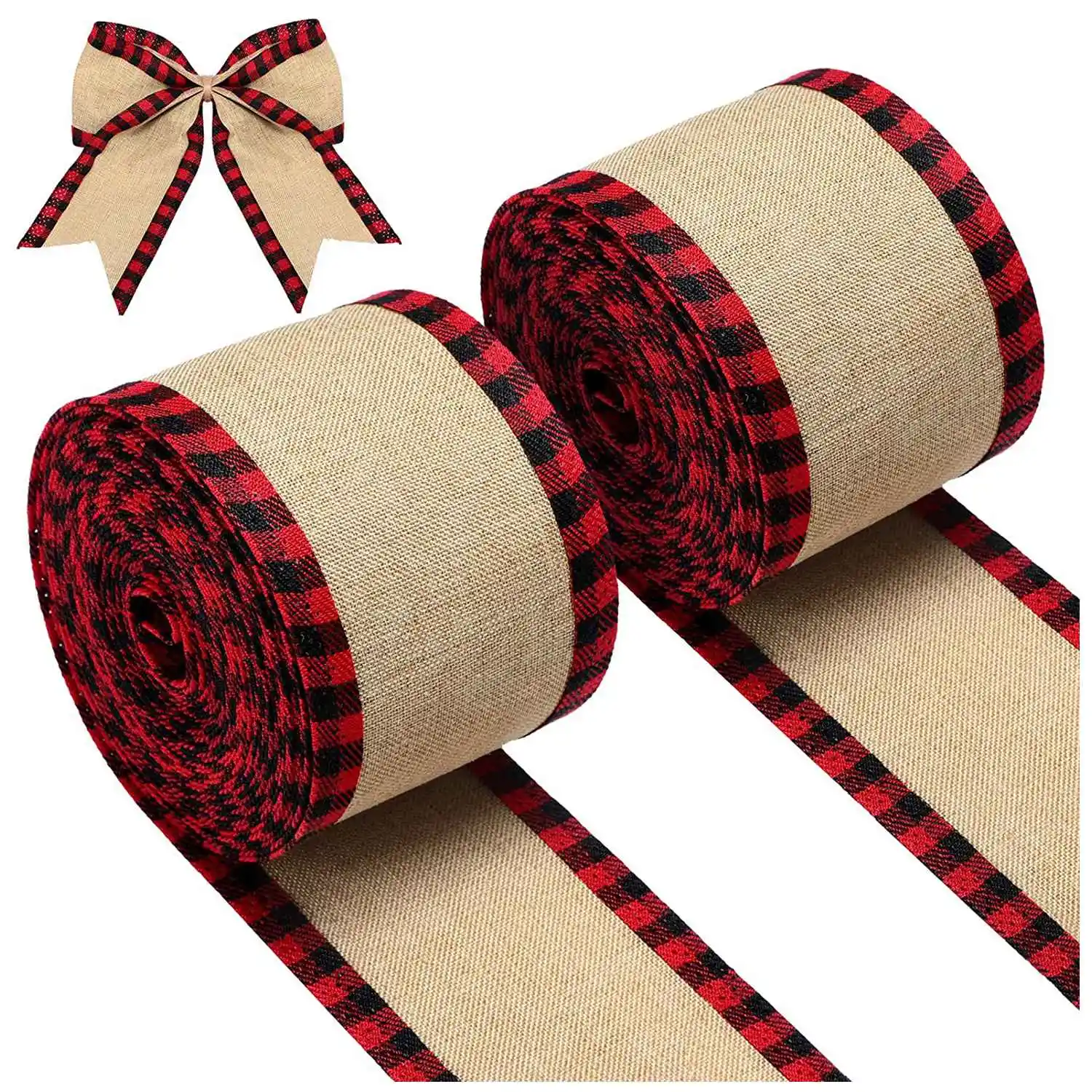 Buffalo Plaid Wired Edge Ribbons Christmas Burlap Fabric Craft Ribbon Wrapping Ribbon Rolls with Checkered Edge Red