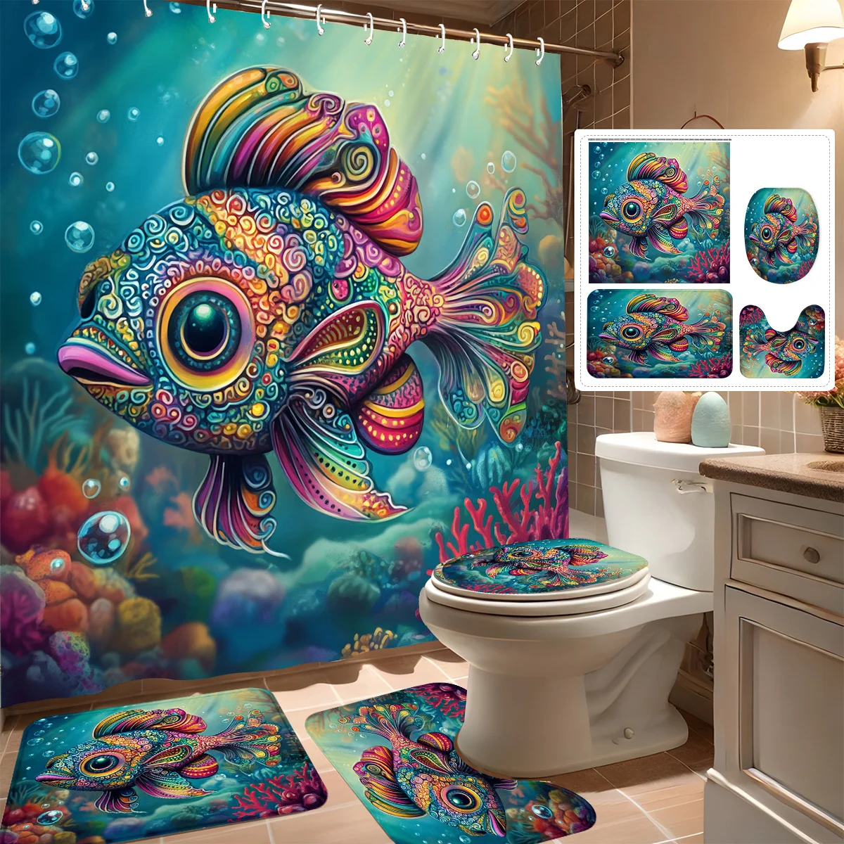 4pcs Shower Curtain Set, Original Colorful Ocean Fish Design, Modern Bathroom Decor, Includes 12 Hooks, Non-Slip Bath Mat