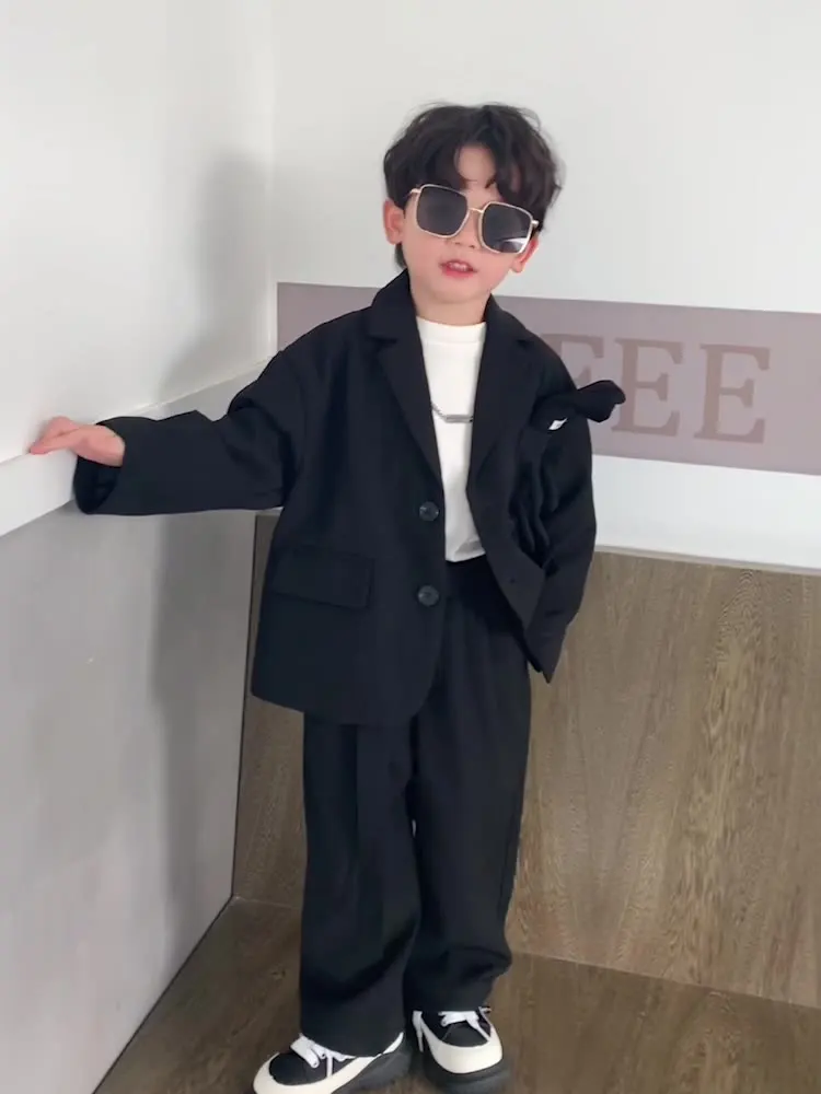 New Boys Suits Fashion Casual Blazers Wide-legged Trousers 2 Piece Kids Clothes Set Khaki Loose Child Wedding Birthday Costumes