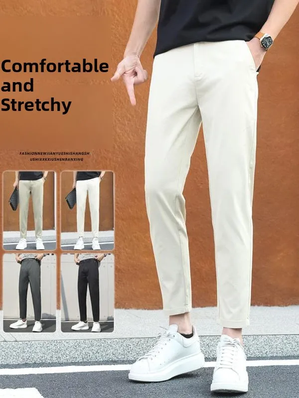 

New 2025 Men's Casual Pants Nine Points Slim Fit Boys Spring Summer Versatile Elastic High Waist Trousers Straight Leg Jeans