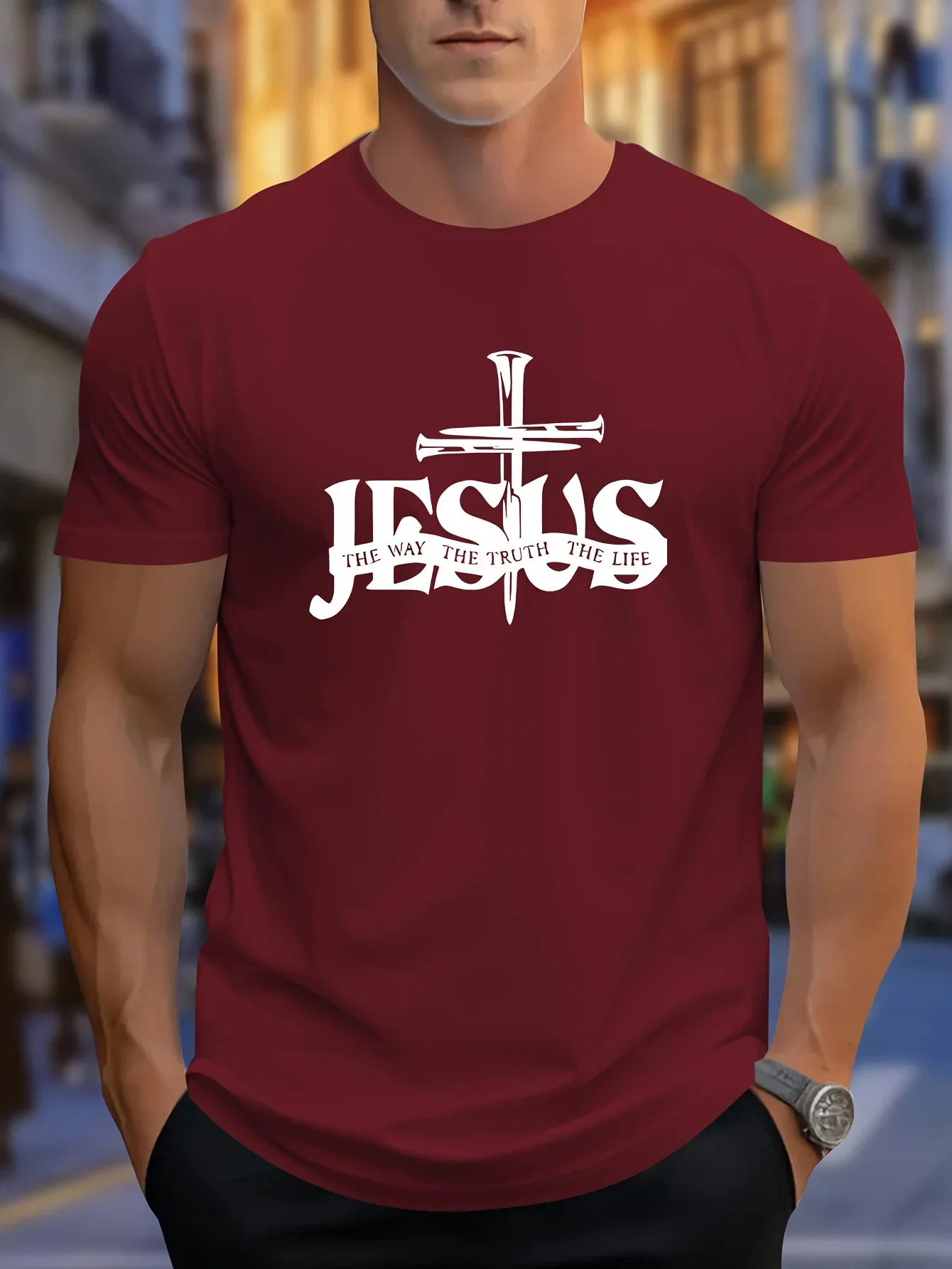 Fashion New Christian Jesus The Way The Truth The Life Nail Cross Graphic T-Shirt Men Religious Faith Inspirational Casual Tops