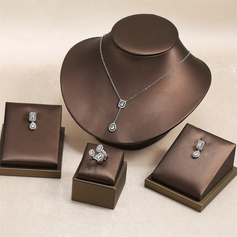 الكلاسيكية مربع قطرة الماء الزركون خاتم قلادة القرط الرائعة لامعة حفل زفاف خطوبة مجوهرات هدايا للنساء #2