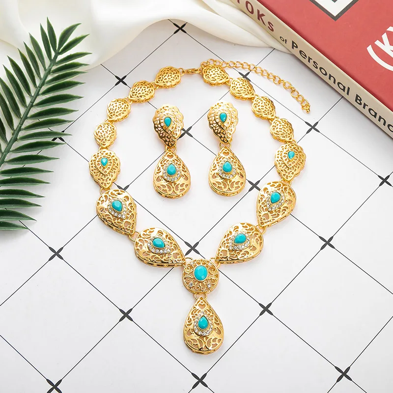

Moroccan Wedding Wedding Gold Color Jewelry Set Luxury Crystal Necklace Earrings For Women Arabi Kaftan Bridal Accessories Gift