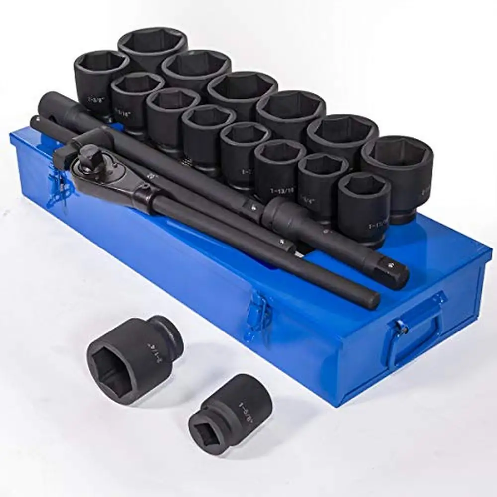 

21-Piece SAE Jumbo Impact Socket Set 1" Drive Cr-Mo 6-Point Bar with Case High-Contrast Laser Etched Markings Organized Storage
