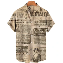 2023 Men's Vintage News Newspaper 3d Printed Lapel Hawaiian Shirt Casual Short Sleeve Men's Hip Hop Shirt