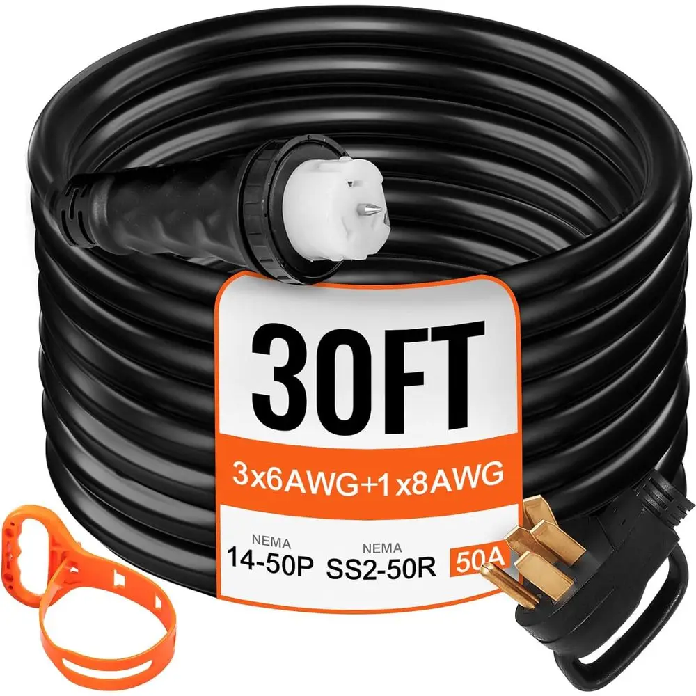 

30 T 50 Amp Generator Extension Cord NEMA 14-50P & SS2-50R & CS6364, STW 45446 + 45505 125V 250V Generator Power Cord Lock Cont