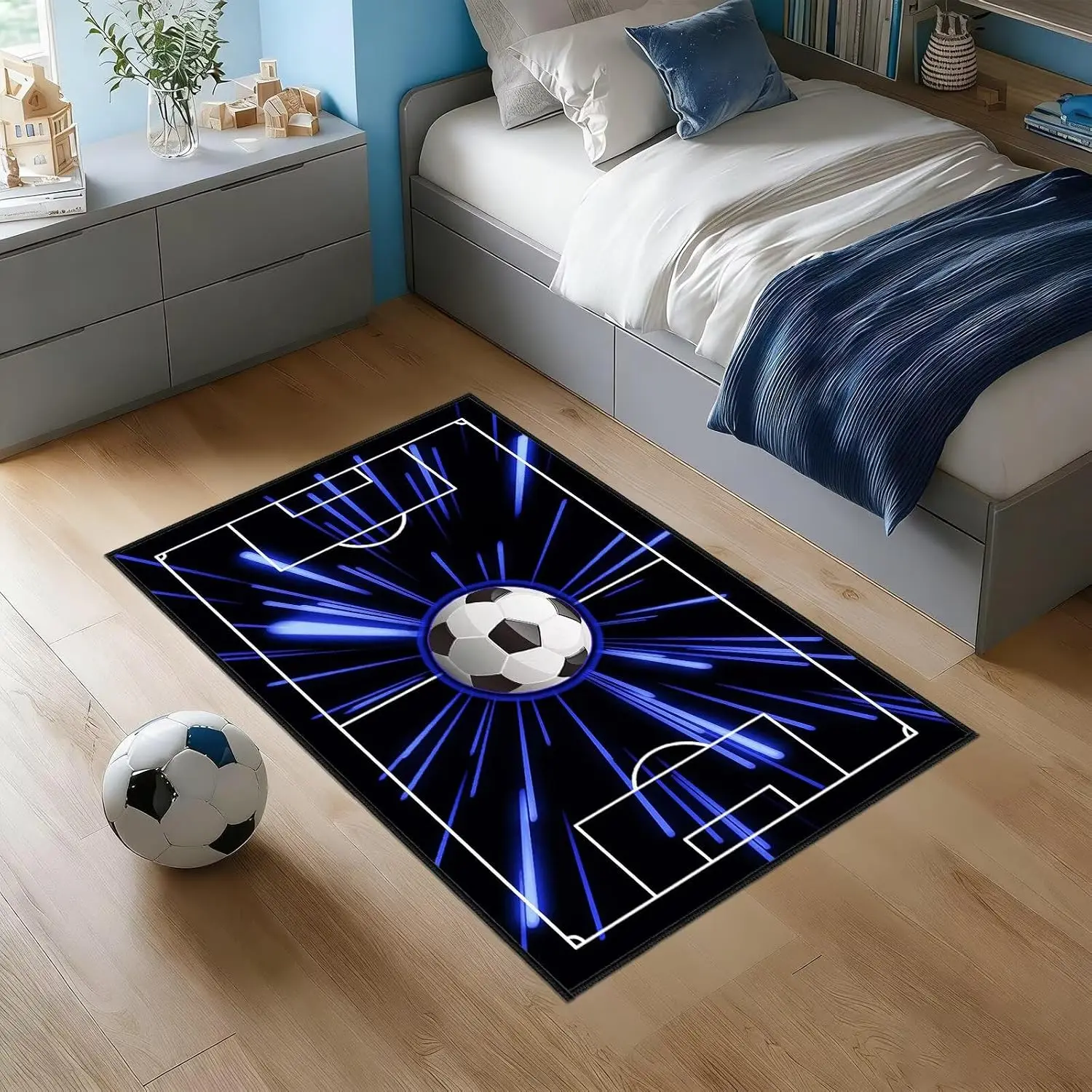 Deluxe Blue Soccer Football Field Mat Rug for Kids Playroom Sports Decor Training Carpet Flooring Game Area Boys Girls