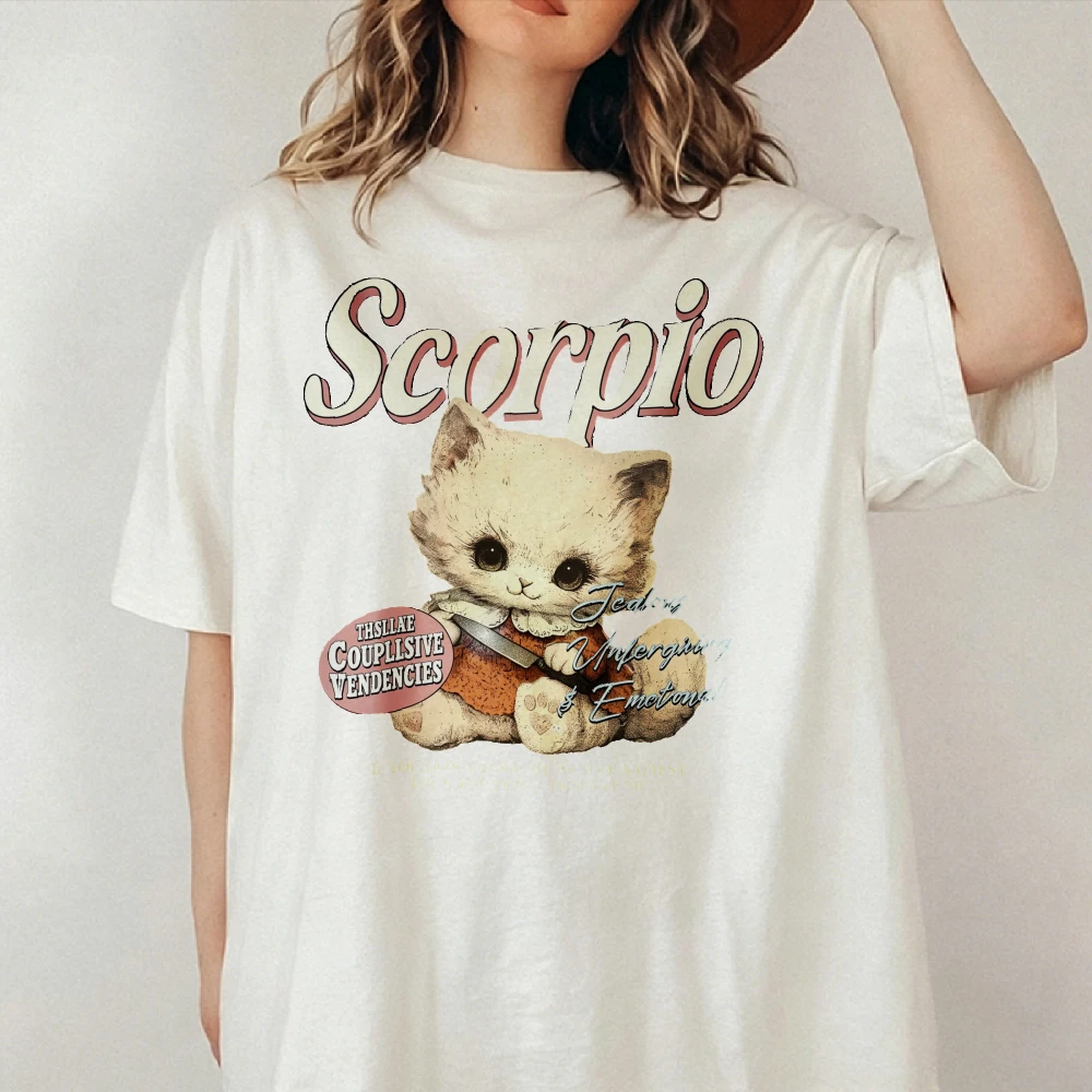Women's-Scorpio-Vintage-Cute-Stabby-Kitten-T-Shirt,-Retro-Scorpio-Astrology-Cat-Graphic-Tee,-Zodiac-Horoscope-Cotton-Shirt-Gift