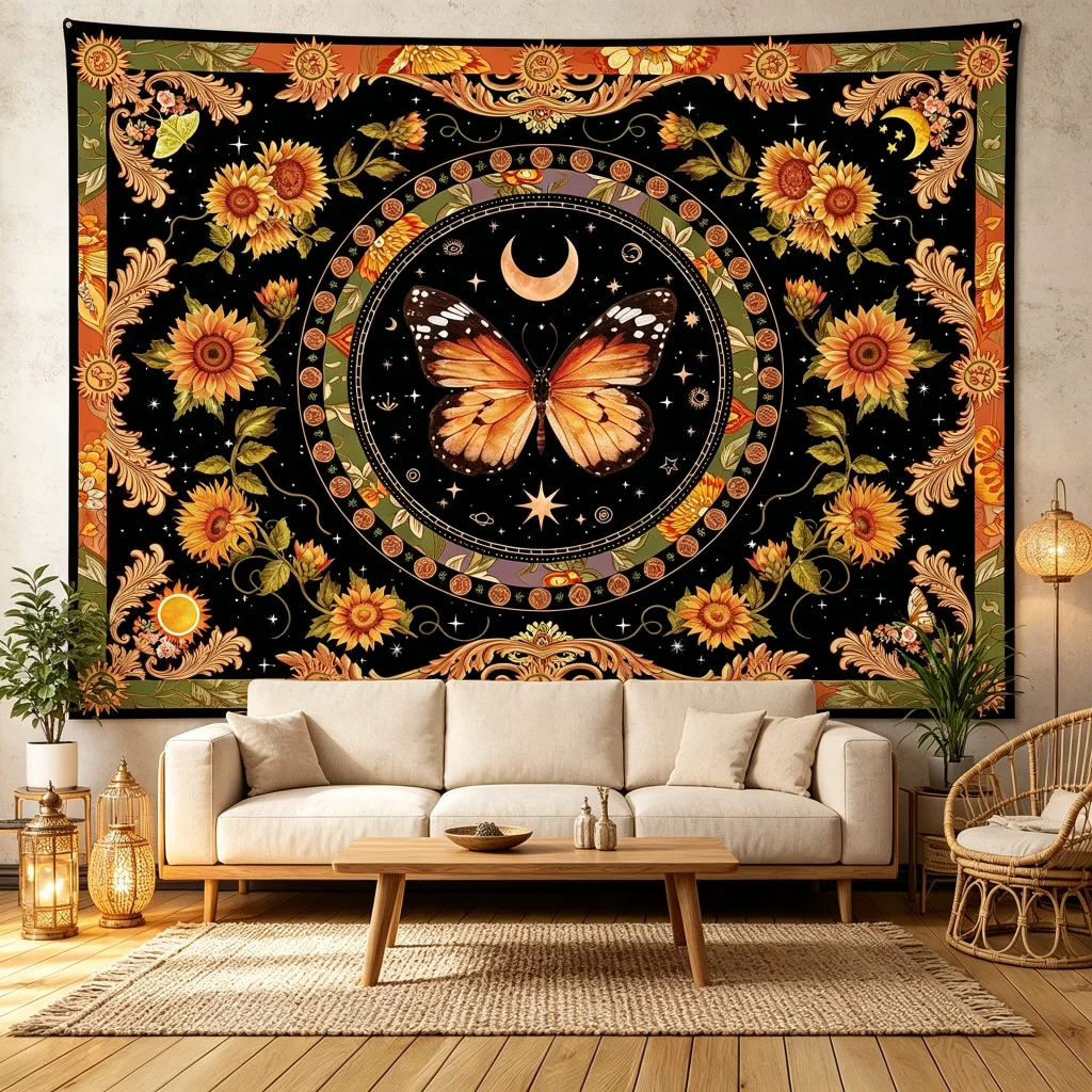 1PC Boho Mandala Floral Vintage Indian Print Tapestry, Boho Style, Bedroom Living Room Kitchen Wall Hanging, Polyester, Wall Art