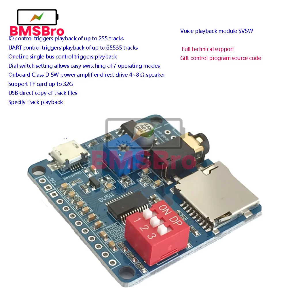 Voice Sound Playback Module Arduino MP3 Player Module UART I/O Trigger Class D Amplifier Board 5W 8M Storage DY-SV8F SD/TF Card