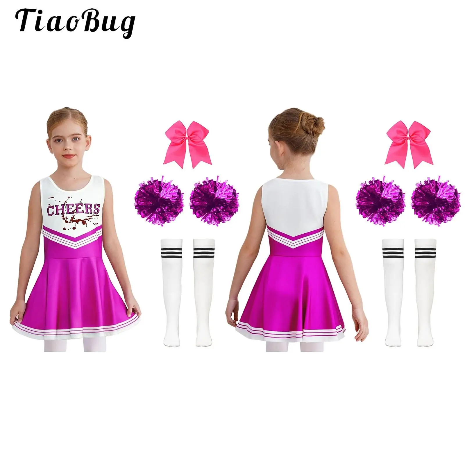 

Kids Girls Cheerleader Costume Outfit Halloween Cheerleading Uniform Letter Print Dress with Headwear Hand Flowers And Socks Set