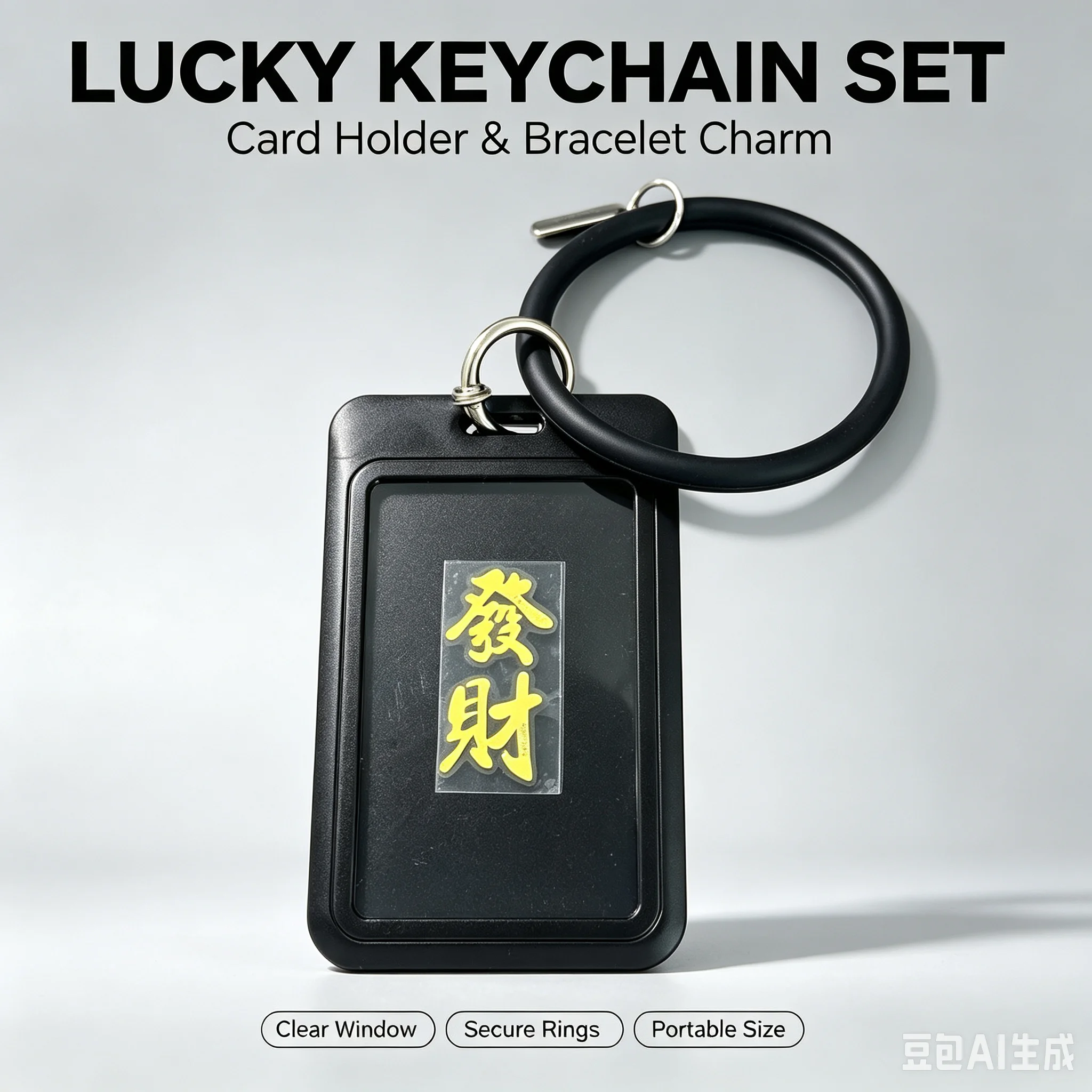 Black Rubber Bracelet Buddha Pattern Metal Phone Sticker with Leather Lanyard Anti-lost Lucky Card Holder