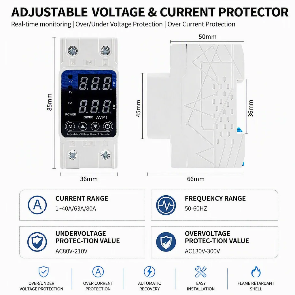DIY GO Dual Display 40A 63A 80A AC 220V 230V Adjustable Over Under Voltage Device Protector Relay Limit Over Current Protection