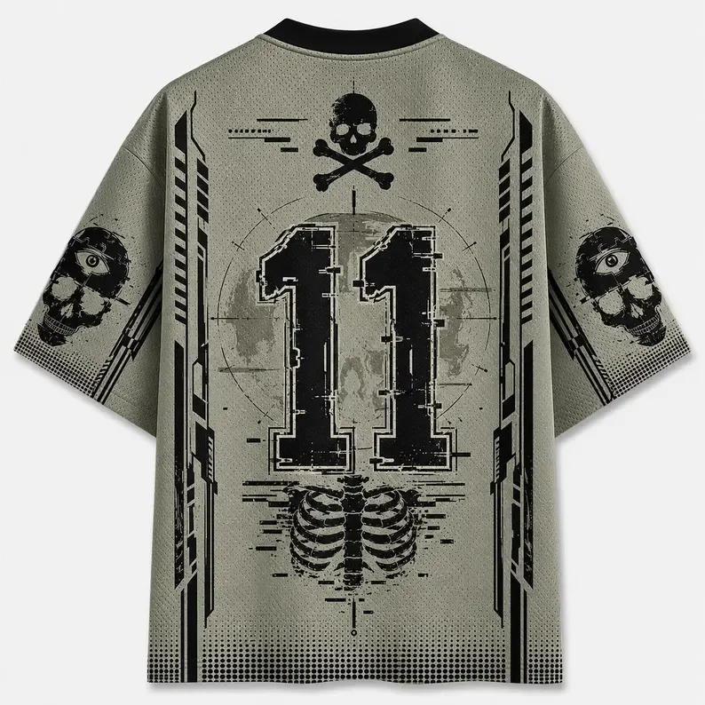 3D Printed Skeleton Skeleton T-shirt Breathable Mesh V-neck Short Sleeve Olive Green Number 11 Internet Garbage Style Street Top