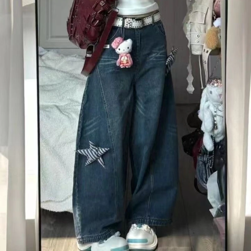 Deeptown Y2k Star Patchwork Women Jeans Harajuku Wide Leg Scimitar American Retro Denim Pants Baggy High Wais Streetwear Spring