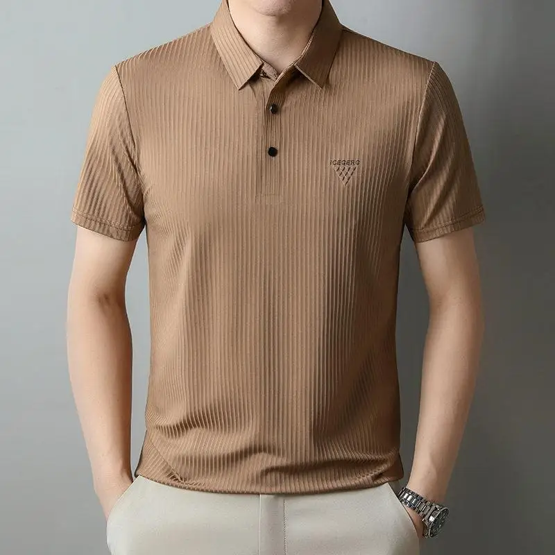 

Business Casual Ice Silk Short Sleeve T-Shirt Mid-Year Style No-iron Shirt Dad Clothes Yangjing Brand Loose Fit Summer Wear