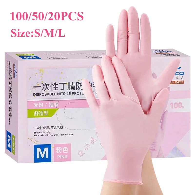 

20/50/100PCS Pink Nitrile Gloves Disposable Latex Gloves Powder Free for Household Cleaning Beauty Salon Working Kitchen Glove