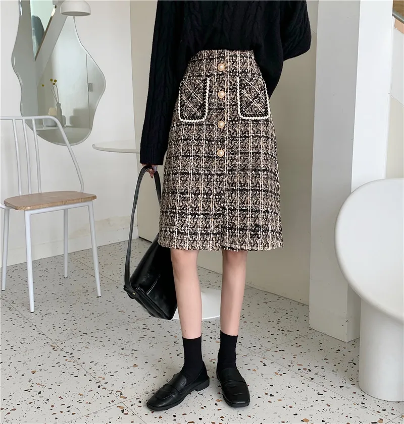 Glittery Tweed Skirt with Gold Button Front Pocket Textured High Waist  Midi Skirt Autumn Winter Classic Outfit