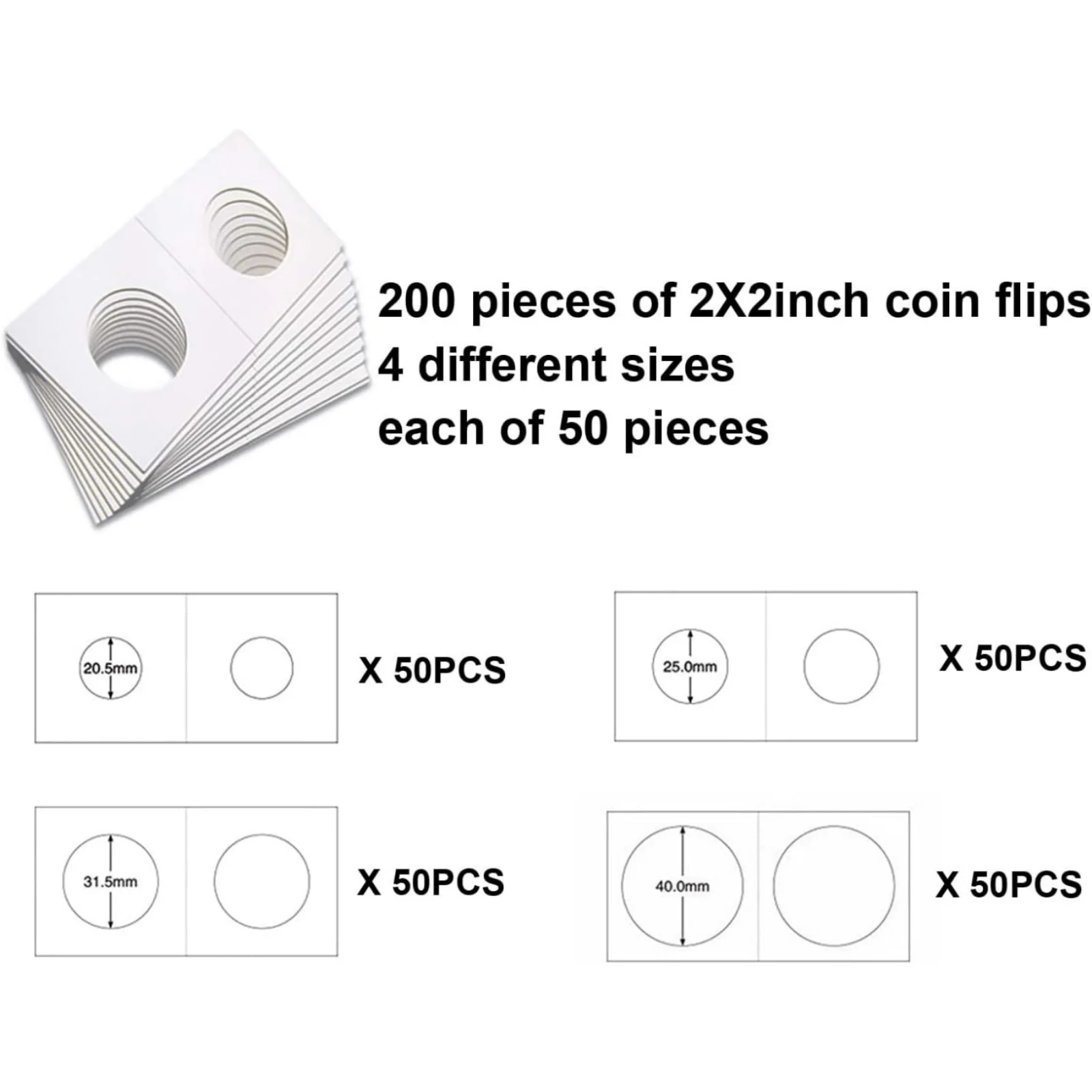 200PCS Cardboard Coin Holders 4 Sizes 20.5-40mm, Coin Flips for Coin Collection Storage, Penny Quarter Dollar