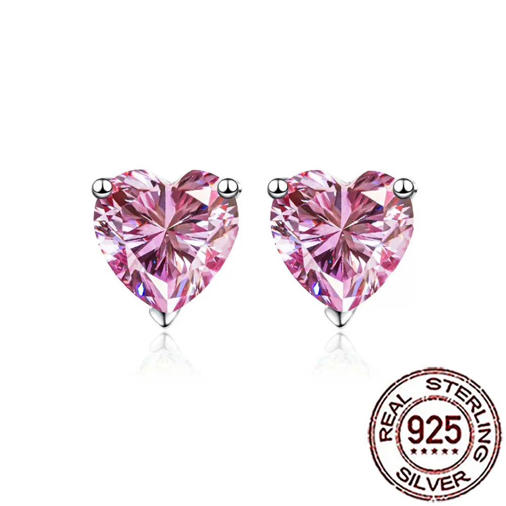 CWWZircons Sterling Silver 925 Romantic Pink CZ Love Heart Shape Stud Earrings for Women Party Fine Jewelry Festive Gifts SE106