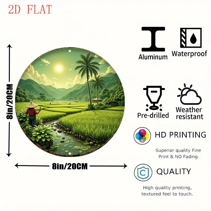 2D Flat - 1pc of an 8-Inch Round Aluminum Sign Featuring a Farmer in a Rice Field with Mountains And Sunlight, Suitable for Holi