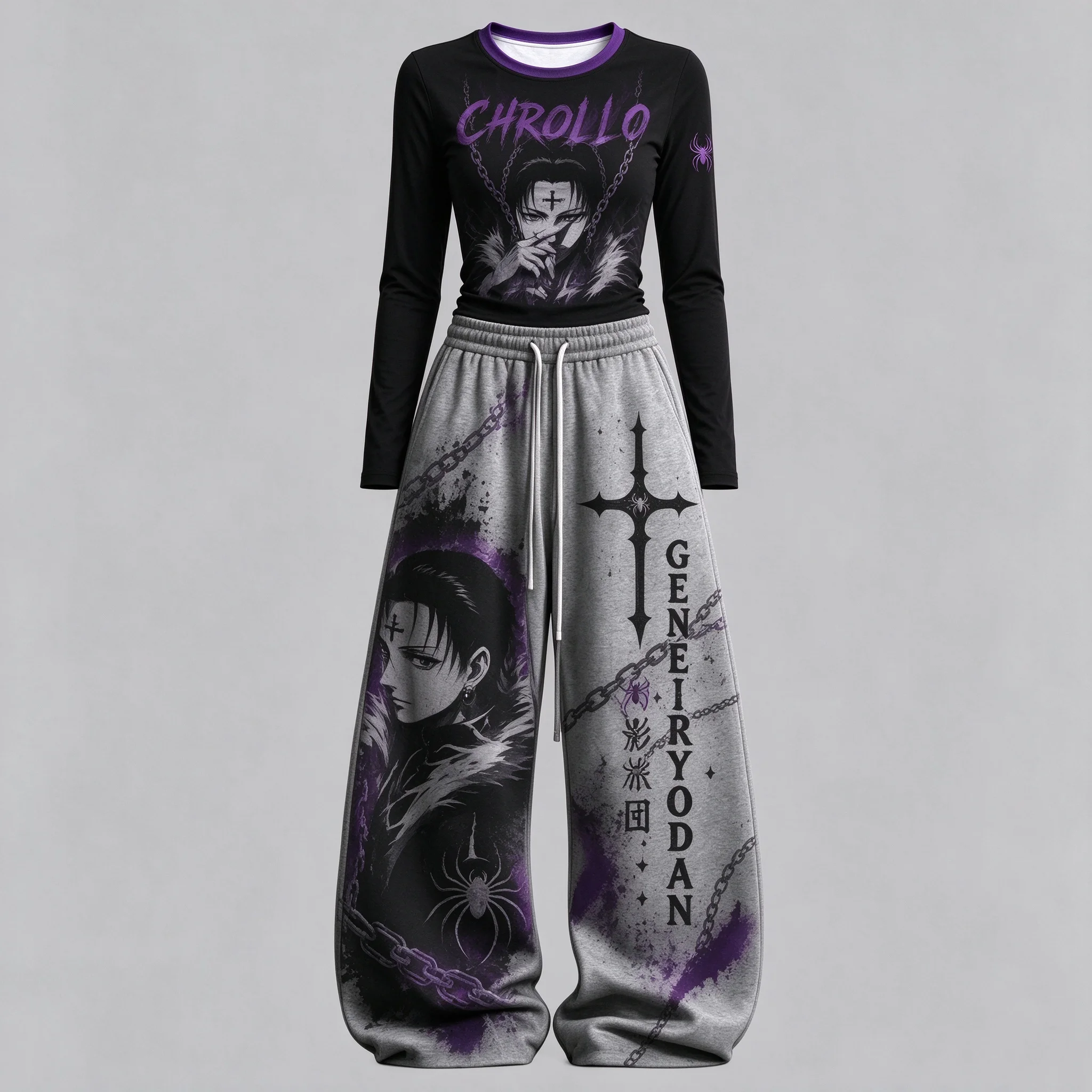 Full Time Hunter Sisso Cartoon Printing Two-piece Pink Round Neck Long Sleeve Shirt Wide Leg Pants Anime Casual Suit