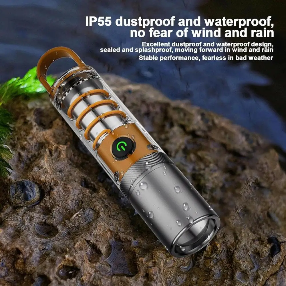 High Power Rechargeable LED Flashlights Zoomable Torch with Breathing Atmosphere Light Portable Work Lamp for Camping Waterproof