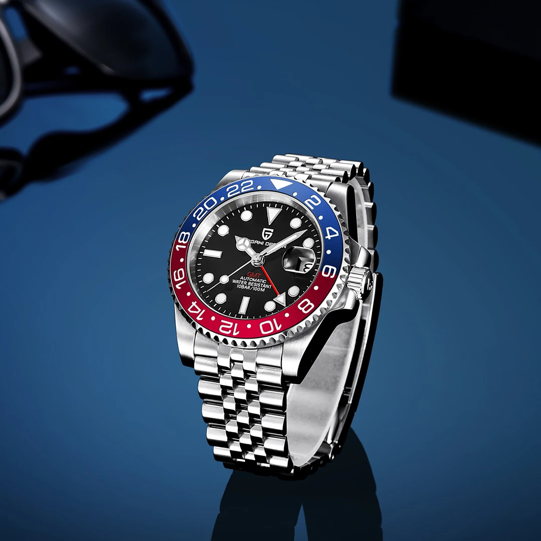 Pagani design PD-1662 luxo gmt masculino relógio de pulso mecânico vidro safira aço inoxidável 100m à prova dwaterproof água relógios automáticos