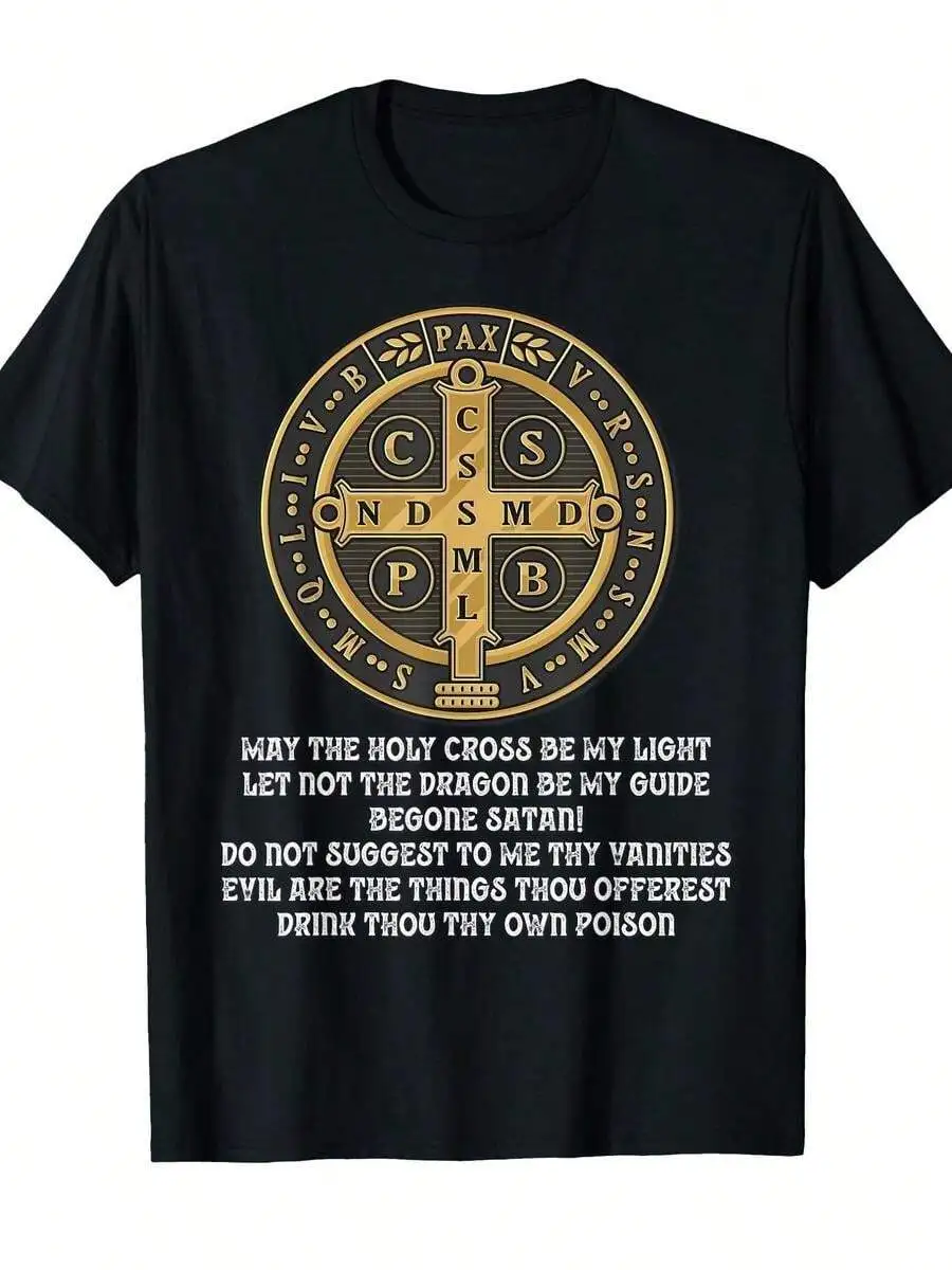 

Women's Catholic T-Shirt - Black Religious Short-Sleeved Shirt With Benedictine Medal Design And