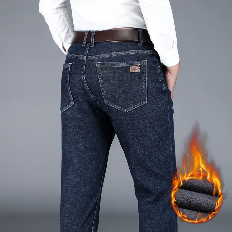 New Winter Men's Warm Fleece Thermal Jeans Business Fashion Classic Black Blue Denim Straight Thick Velvet Pants Brand Trousers