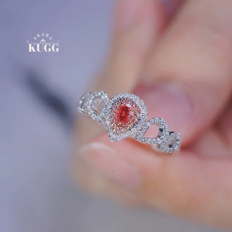 KUGG 100% 18K White Gold Rings Luxury Water Drop Shape Real Natural Pink Diamond Engagement Ring for Women High Wedding Jewelry