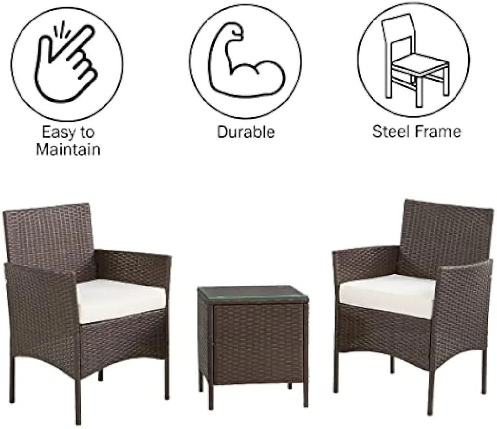 80-OUTD-WK-CUSHCHTBL (Brown) Outdoor Patio Set – 3-Piece Rattan Seating Combo with 2 Cushioned Chairs