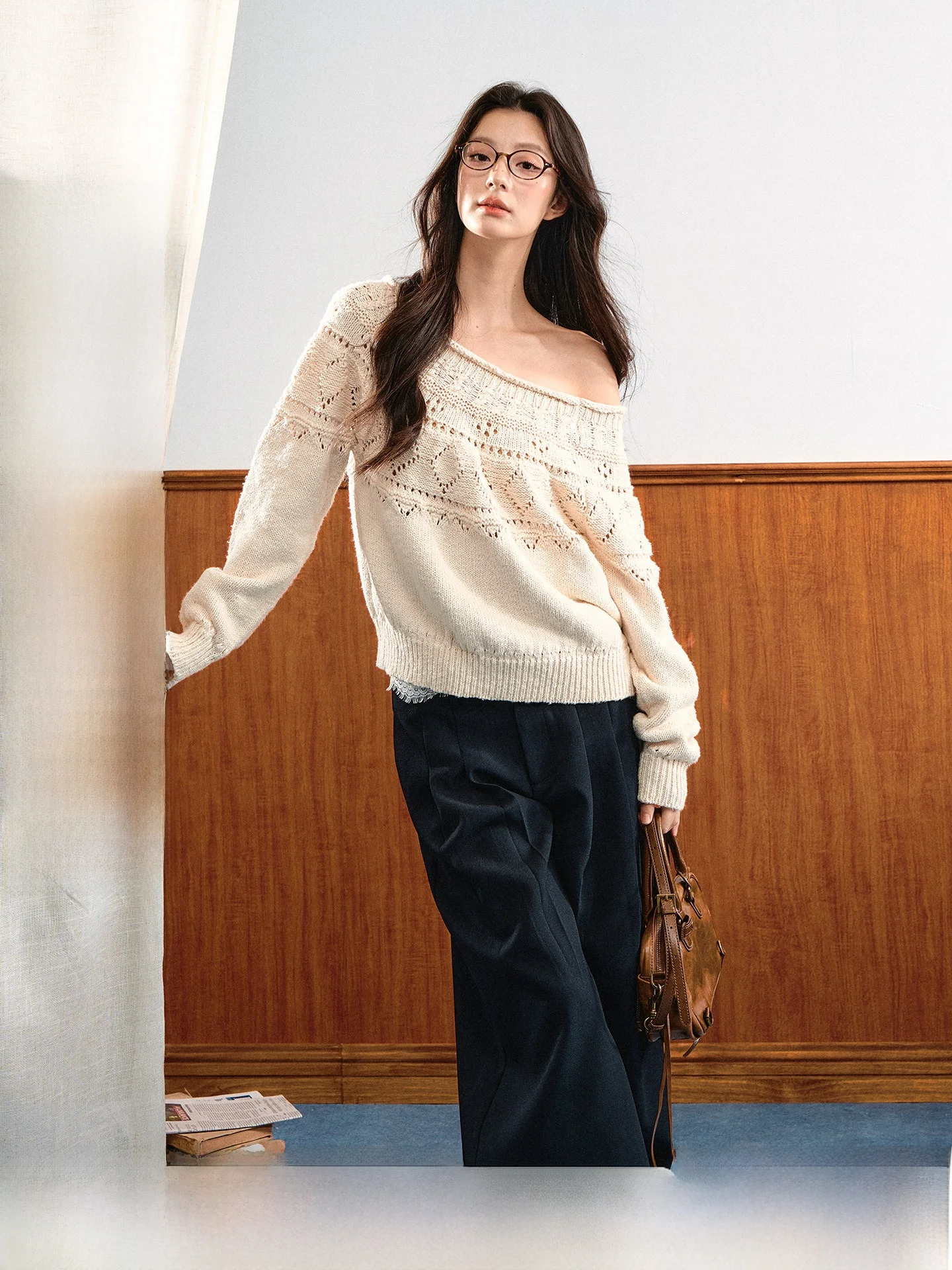 7Shiftin Original Design Gentle Loose Shoulder Bared Long Sleeve Knitted Sweater Hollow out Diamond Pattern Versatile Pure De...