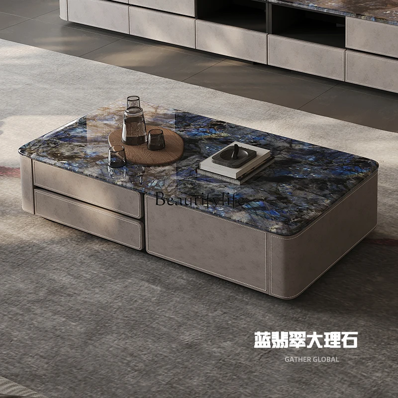 

5Italian minimalist marble coffee table living room household large and small apartment villa large flat layer saddle leather
