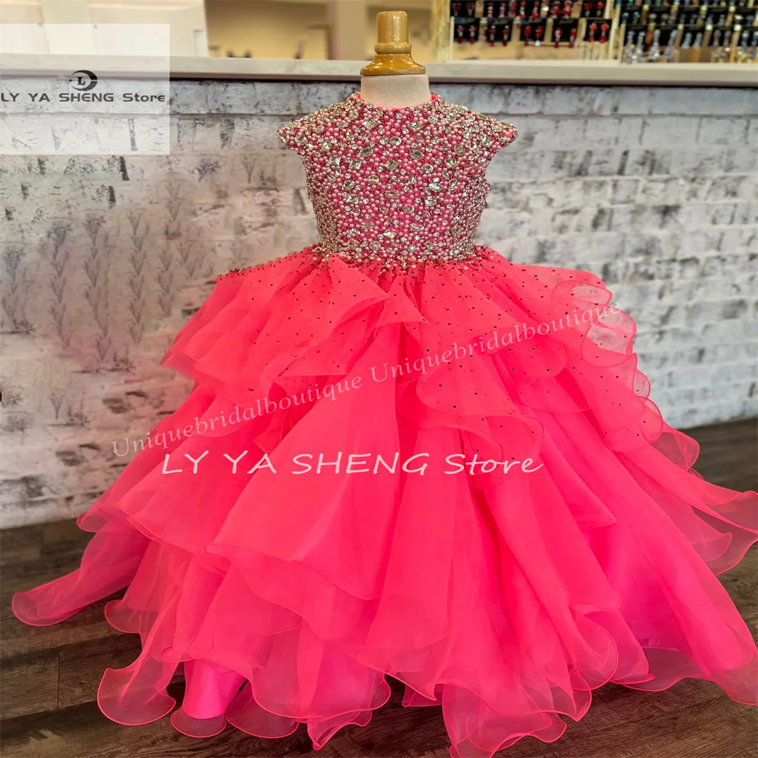 

New Flower Girl Dress Cap Sleeves Ballgown Crystals Ruffled Organza Kids Birthday Formal Party Gown Toddler Teens Preteen