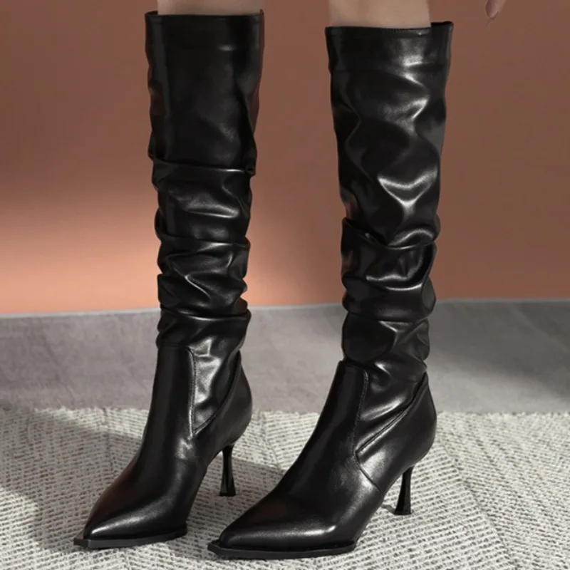 

New Retro Women Shoes Elegant French High Heeled Boots for Woman Exquisite Soft Leather Slouchy Boots Designer Shoes Botas Mujer
