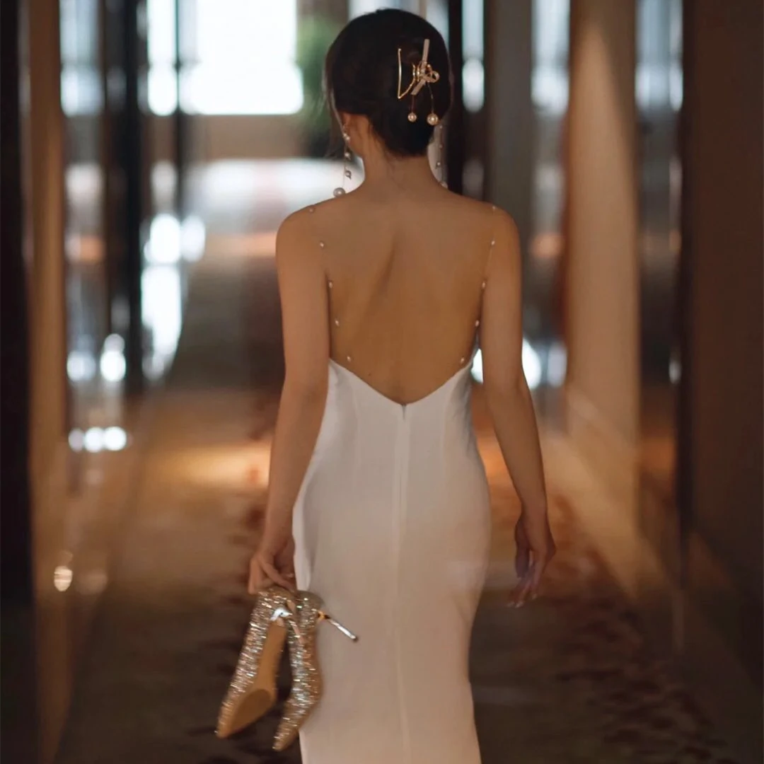 

Sexy Ele Fi Tail Wedding Dr Satin Pearl Strapl Gown for Outdoor Lawn Wedding Simple Sle mid Waist No Sve