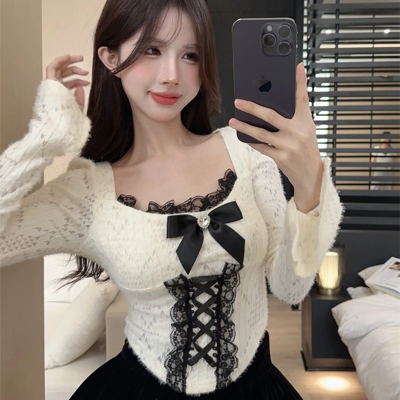 Bow Tie Long Sleeved Lace Shirt for Spicy Women Short and Slim Fit Top Irregular Inner Layer Bottom Shirt