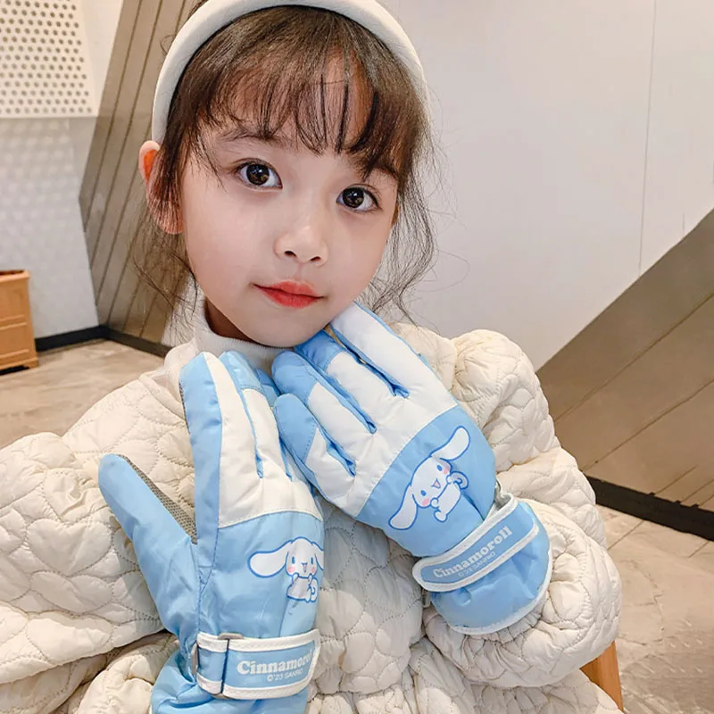 Kawaii Sanrio Cartoon Children Gloves Cute Kuromi Cinnamoroll My Melody Autumn Winter Padded Warm Ski Gloves Girl Christmas Gift