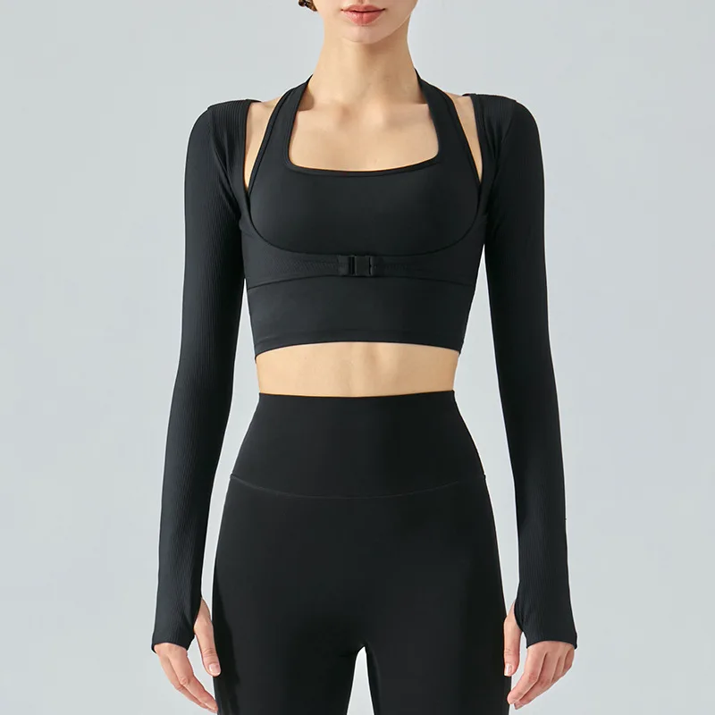 Sexy Long Sleeve Yoga Shirts Built In Bra Women Slim Fit Workout Sport T Shirt Gym Fitness Crop Top with Thumb Holes