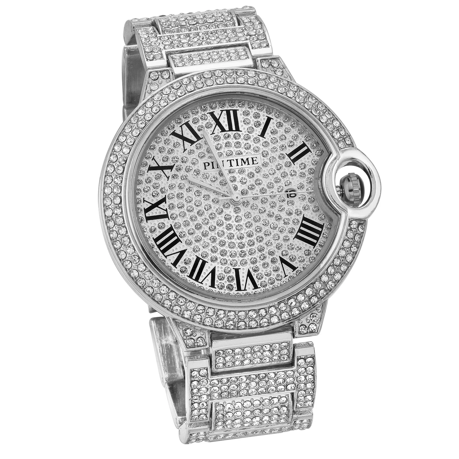 PINTIME Watch for Men Luxury Stainless Steel Quartz Wristwatches Waterproof 30m Bling Diamond Roman Number Dial Casual Clock