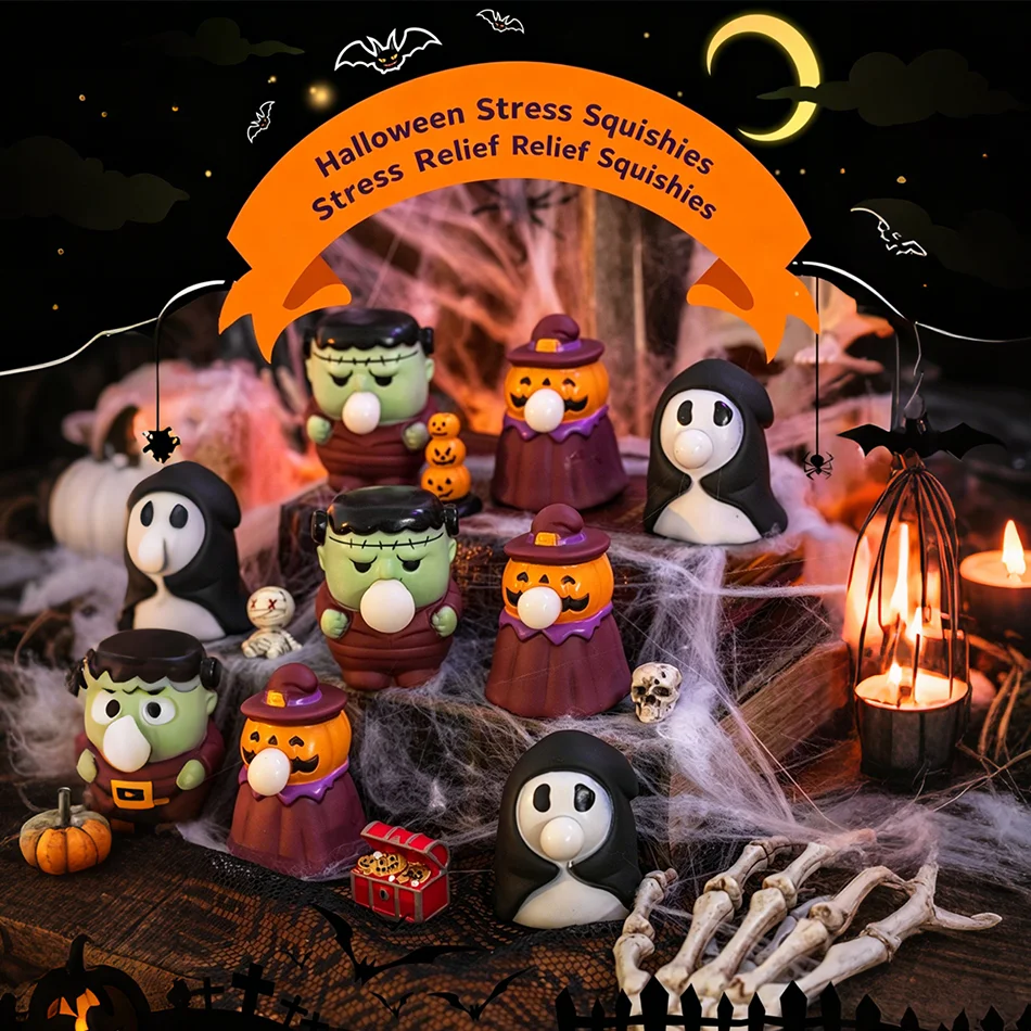 Halloween Squishy Toy Cute Pumpkin Ghost Frankenstein Monster Stress Relief Fidget Toys,  Soft Bubble Gum Slow Rising Squeeze