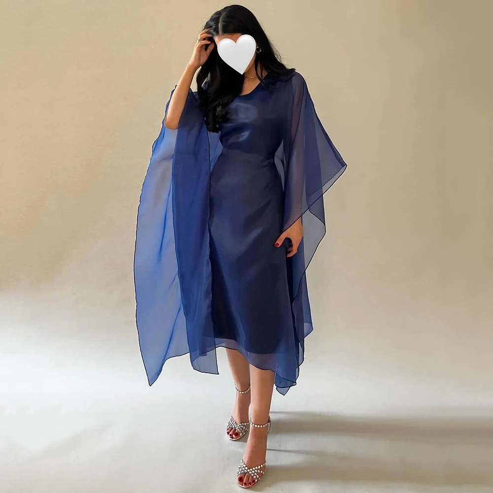 

Customized Navy Blue Satin O-neck Evening Dress ILLUSION Sleeveless With Tulle Cape Party Gown Tea-Length Prom Dress For Women