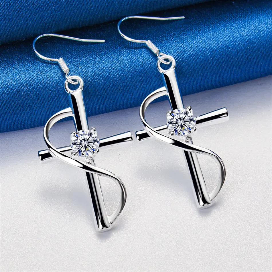 925 Sterling Silver Delicate Twisted Strap Wrapped Cross Zirconia Earrings Women's Gift Wedding Accessories Fashion Jewelry