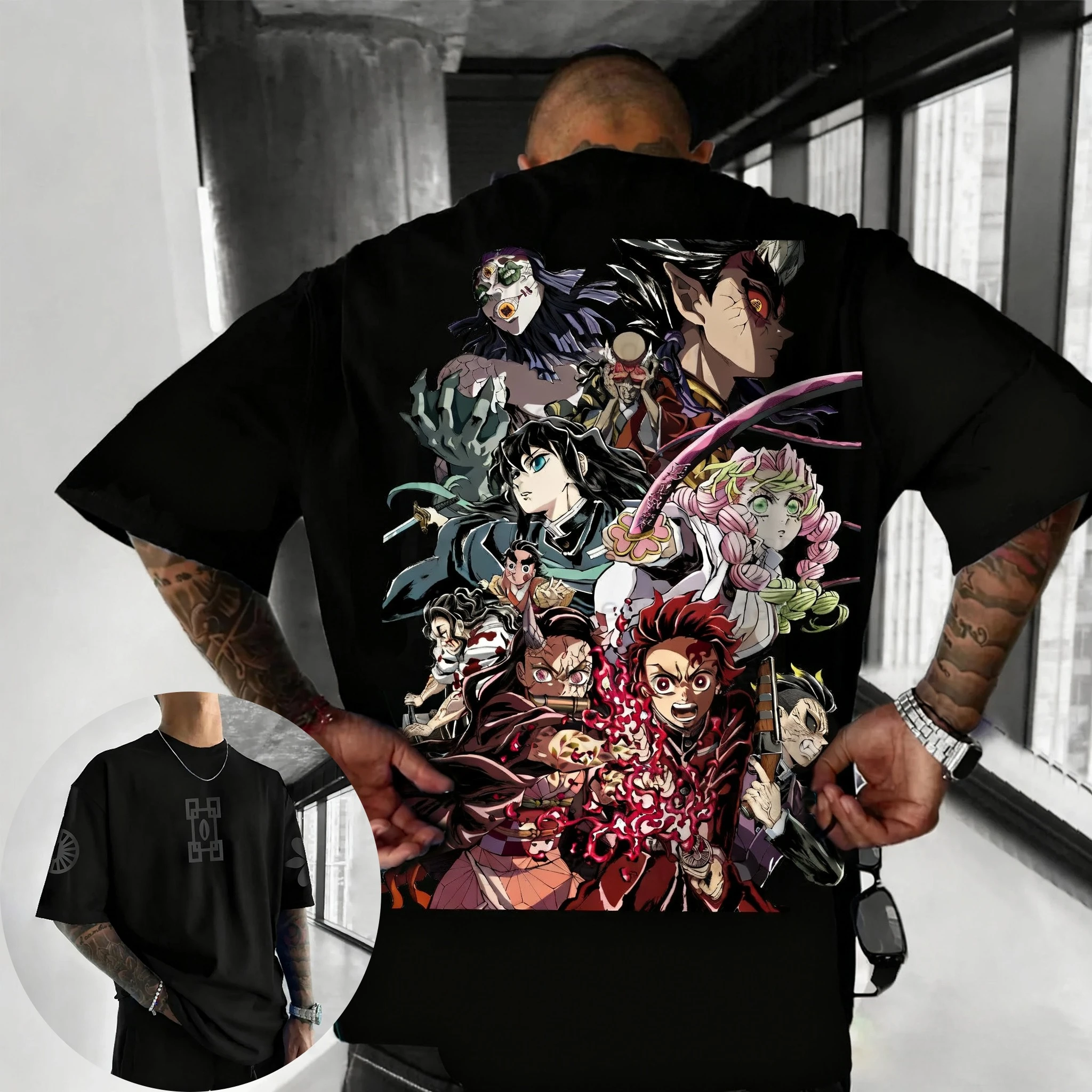 Bandai New Demon Killer Nezuko Charcoal Man Character Printed Short Sleeve T-Shirt Men's and Women's Casual Loose Plus Size Top