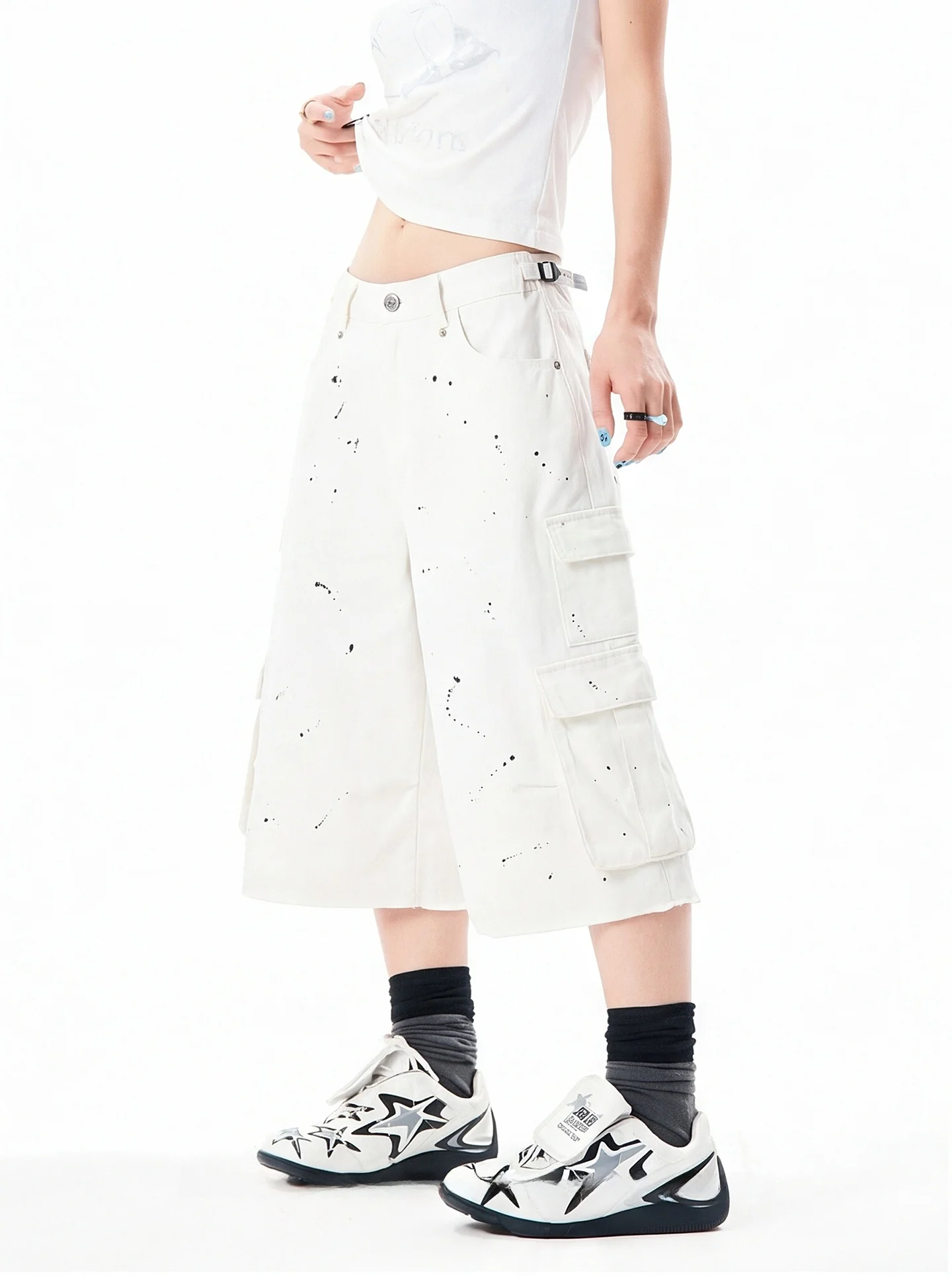 Casual Embroidered Workwear Wide Leg Pants Women Loose Fit Seven Tenths Length Multi Pocket Straight Cut Cool Trendy