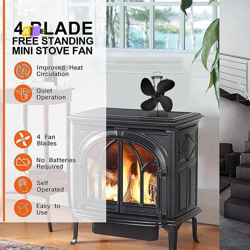 

A08F-For Wood Fireplace Wood Stove Fan Small Designed 4 Blades Heat Powered Fireplace Fans Black TP2004-4