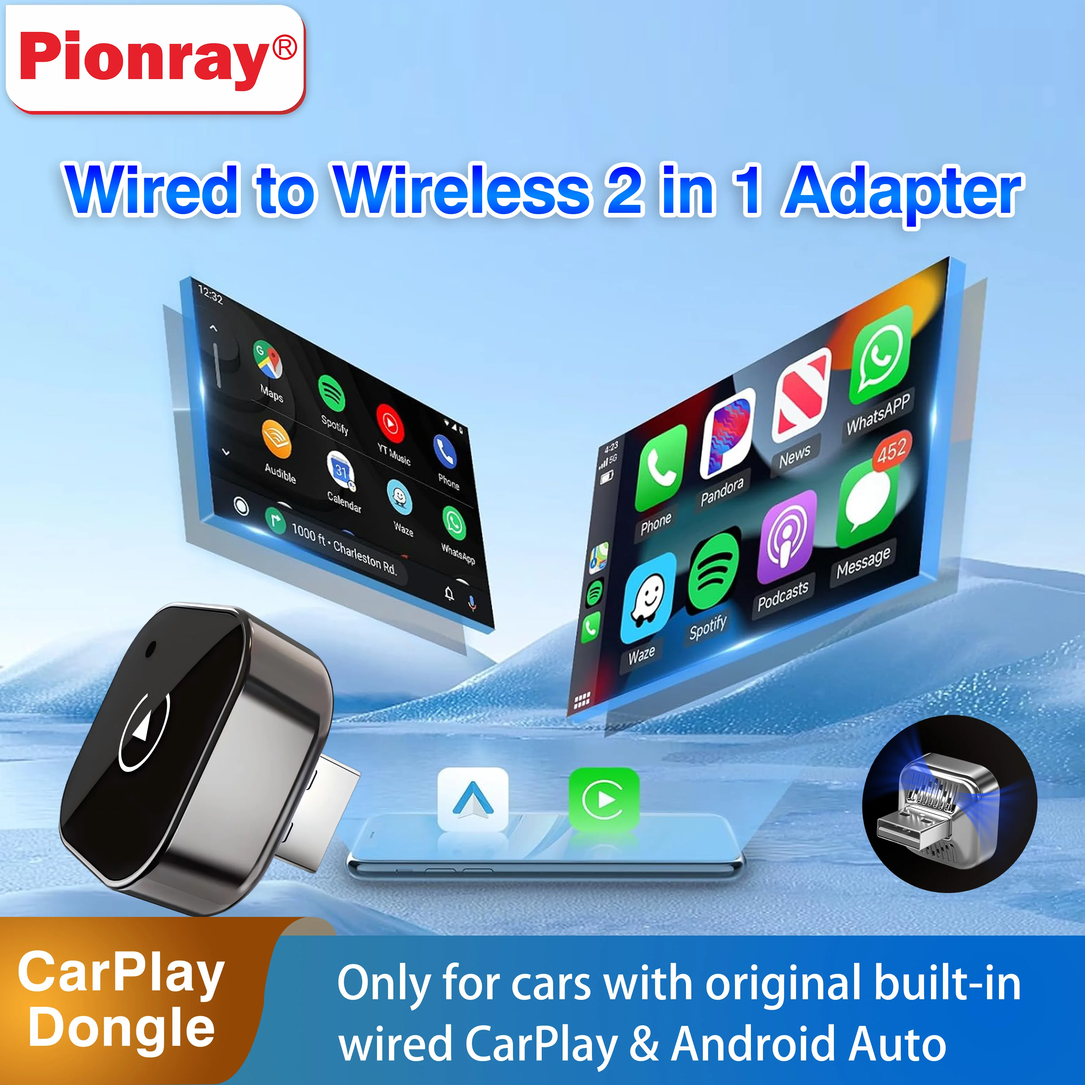 New Pionray 2 in 1 Wireless CarPlay Adapter&Android Auto Wireless Adapter, 5Ghz WiFi Type-C/USB Plug Play CarPlay Wireless