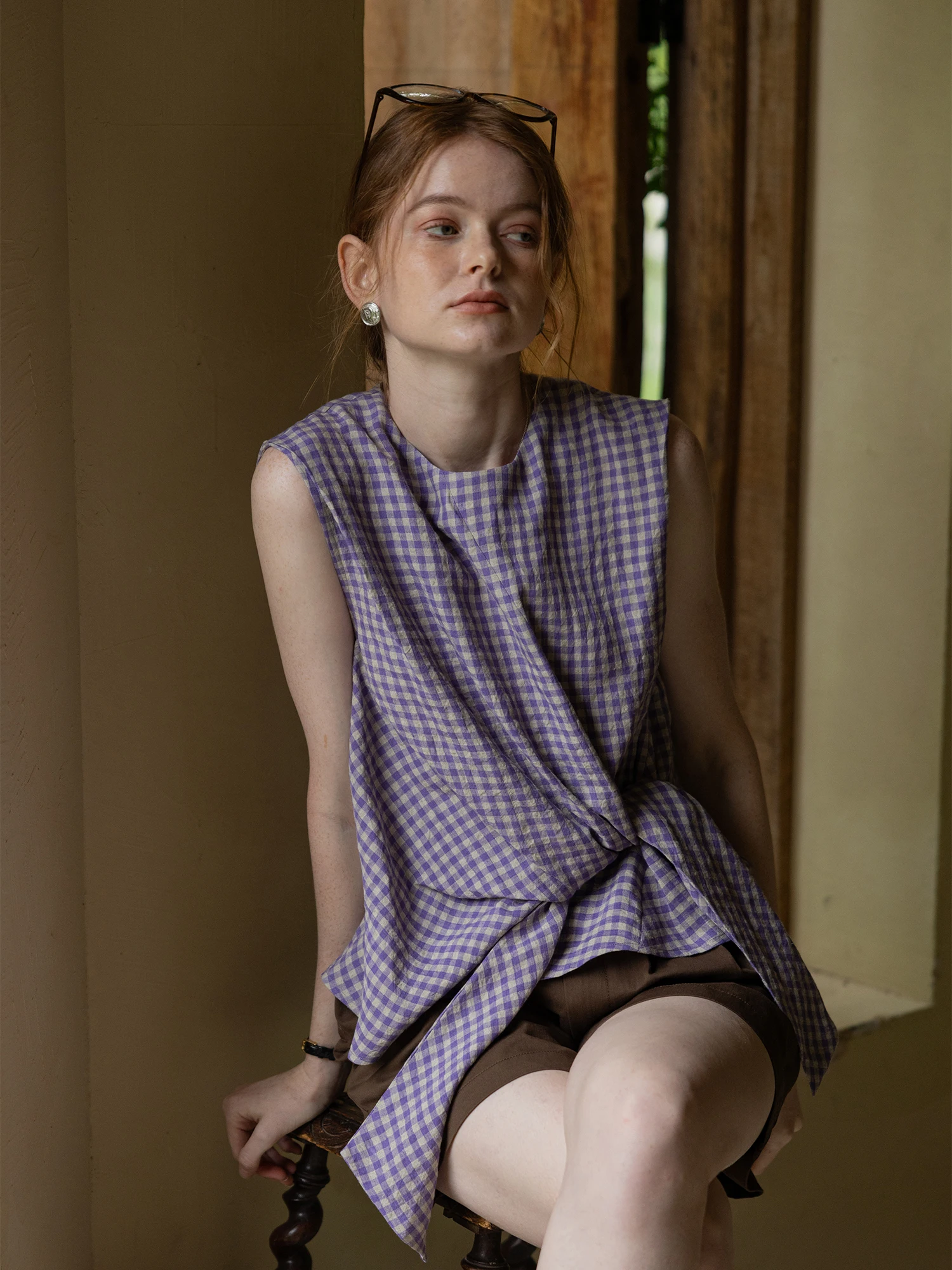 

Dailyart "Coastal Holiday" Women's Full Linen Vest Svel Tied Waist Design Gingham Top Thin Summer Casual Wear